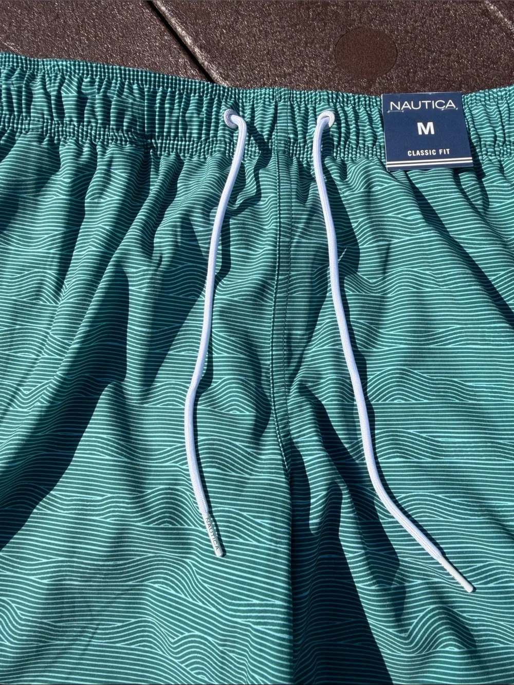 Nautica Men’s Teal Striped Swim Trunks with White Drawcord